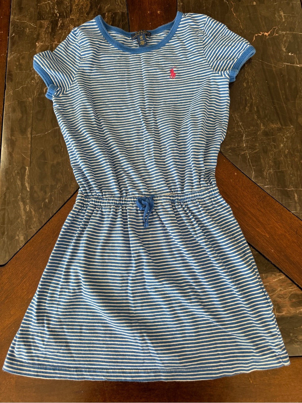 Ralph Lauren Blue and White Striped Cotton Kids Dress with Pink Pony